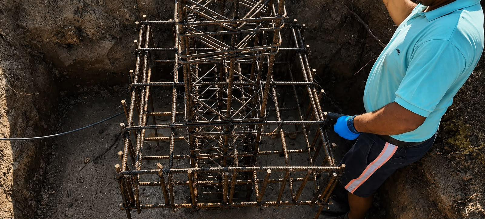 Armarea fundațiilor continue înainte de turnarea betonului