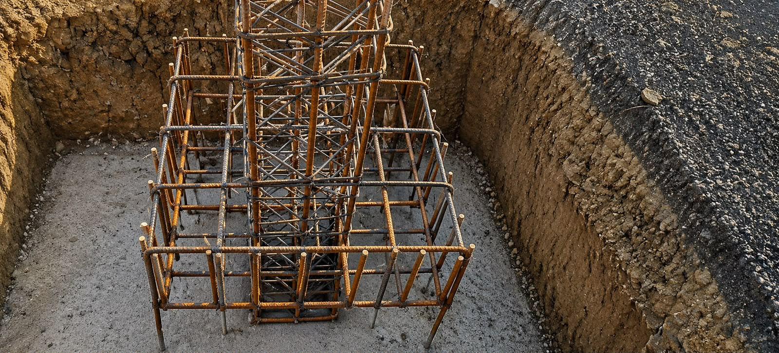 Carcasă de armătură în săpătură, înainte de betonare