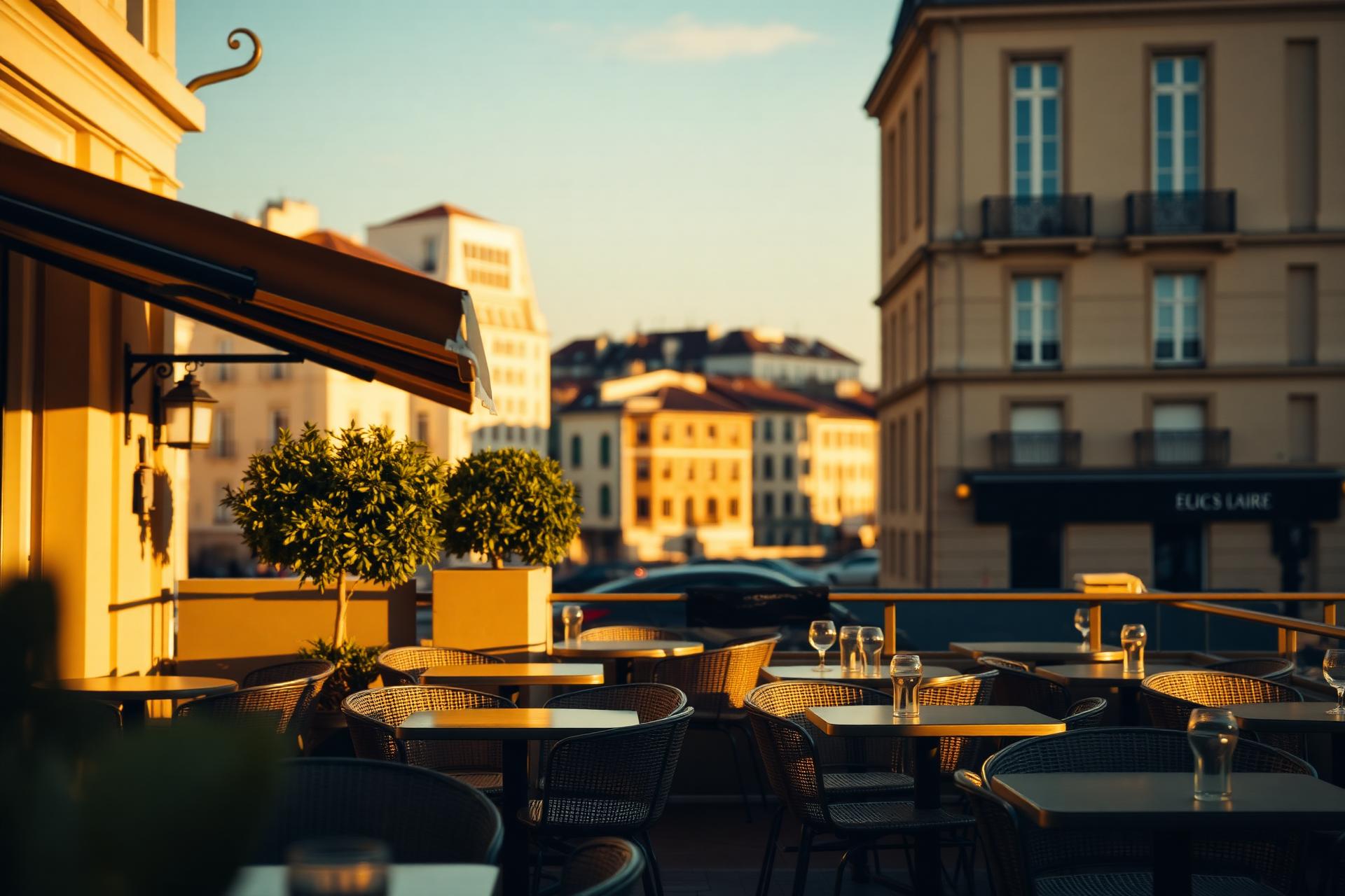 Terasă de cafenea într-un oraș european la apus